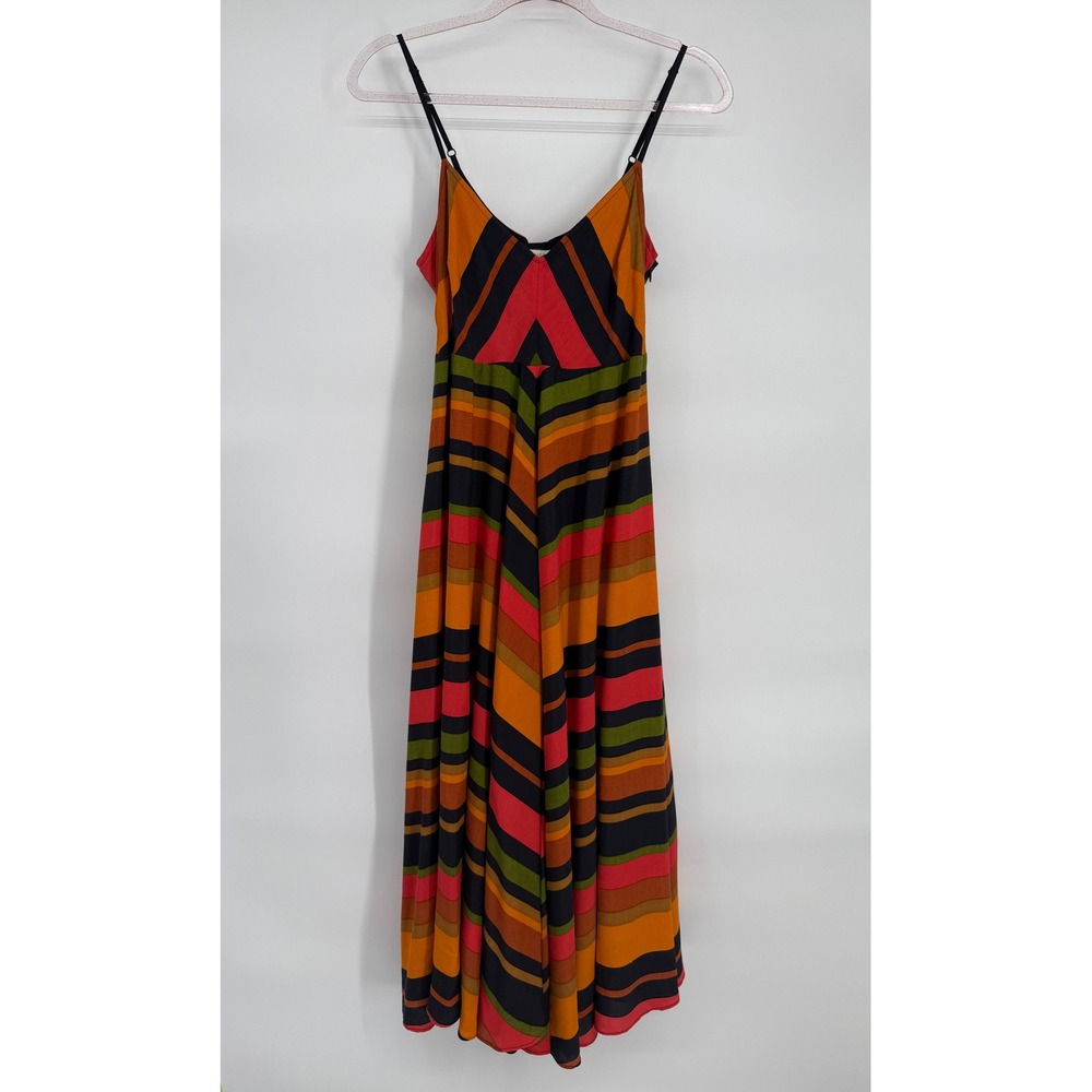 Monsoon Sz 8 Bohemian Striped Maxi Dress Spaghetti Straps Orange Green Black Red
